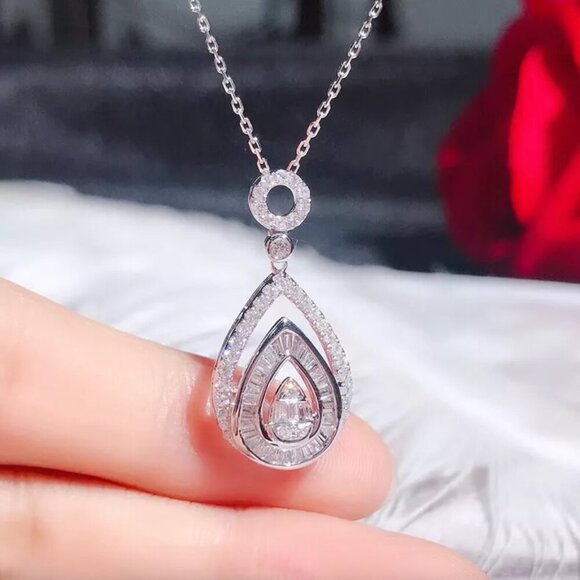 NEW 18k White Gold Diamond Pear Cut Necklace Teardrop Pendant Necklace - Picture 3 of 4
